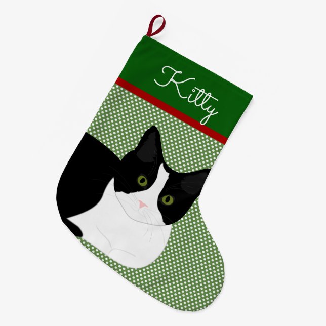 Black And White Cat Personalised Large Christmas Stocking (Front (Hanging))