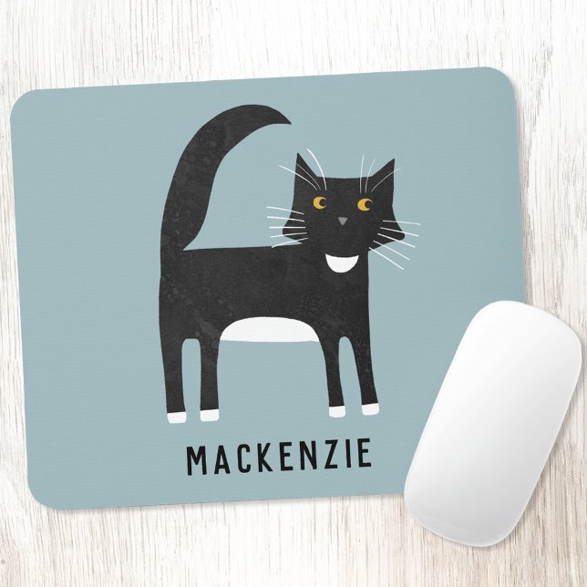 Black and White Cat Personalised Mouse Mat (Black and white tuxedo cat personalized name mousemat)
