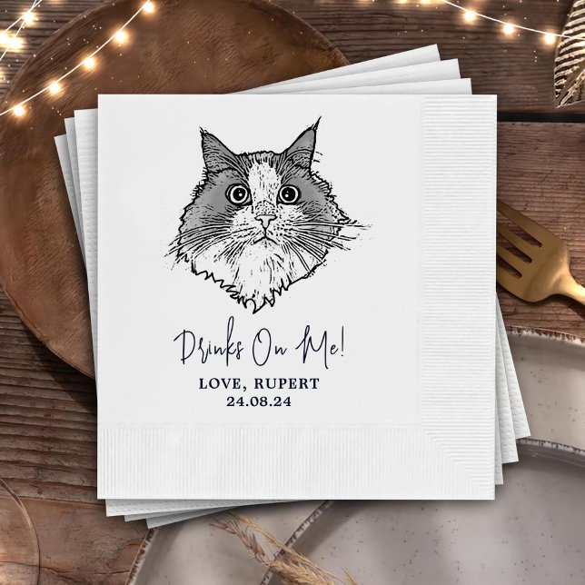 Black and White Cat Personalised Wedding Napkins (Creator Uploaded)