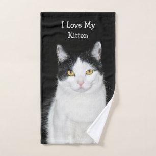 Black and White Cat Portrait Bath Towel Set