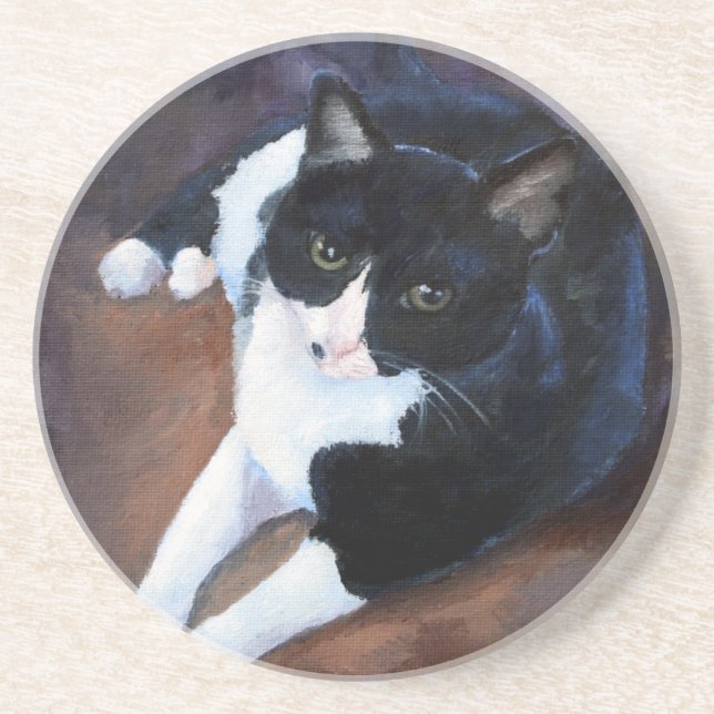 Black and White Cat Portrait Coaster (Front)