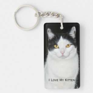 Black and White Cat Portrait Key Ring