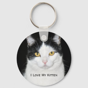 Black and White Cat Portrait Key Ring