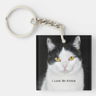 Black and White Cat Portrait Key Ring