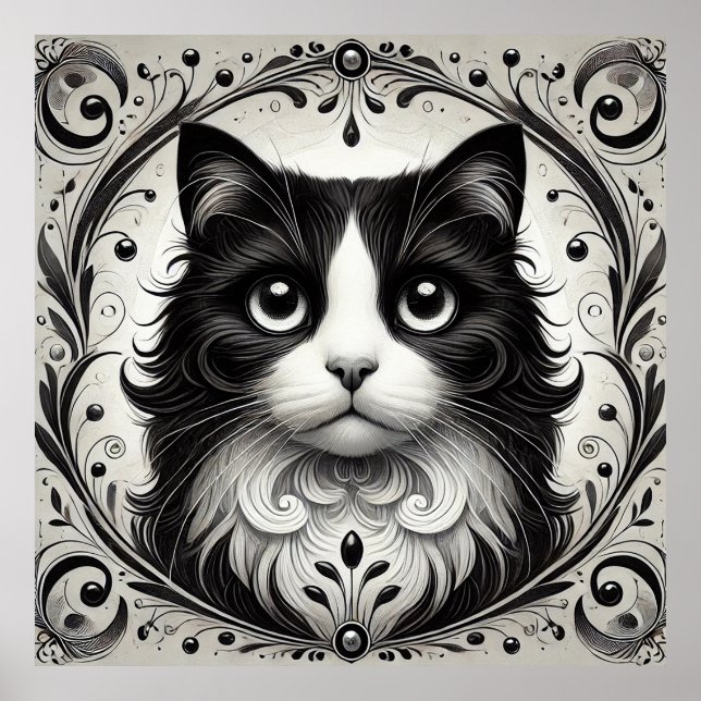  Black and White Cat Portrait Poster (Front)
