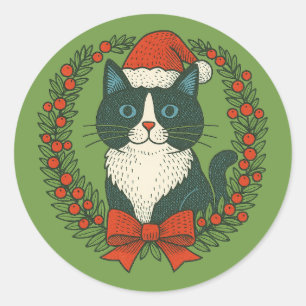 Black and White Cat, Santa Christmas Classic Round Sticker