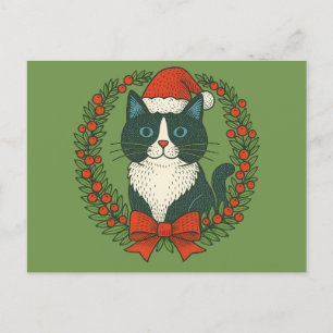 Black and White Cat, Santa Christmas               Holiday Postcard