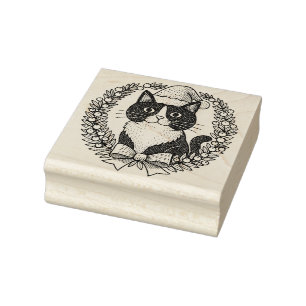 Black and White Cat Santa Christmas Rubber Stamp