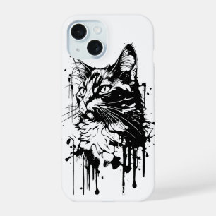 Black and White Cat Splash iPhone 15 Case