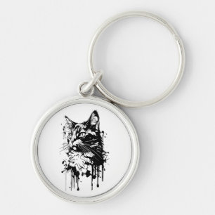 Black and White Cat Splash  Key Ring