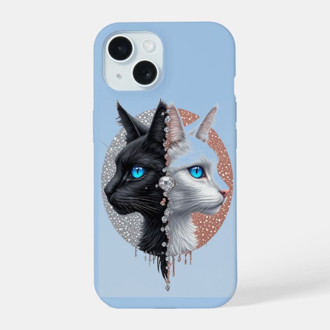 Black and White Cat Split Portrait With Blue Eyes iPhone 15 Case (Back)