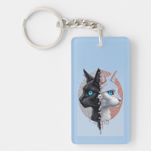 Black and White Cat Split Portrait With Blue Eyes Key Ring (Front)