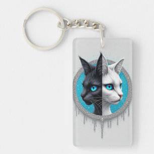 Black and White Cat Split Portrait With Blue Eyes Key Ring