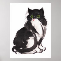 Black and white cat sumie watercolor & ink paintin