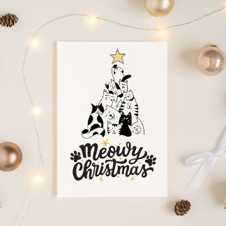 Black and White Cat tree Meowy Christmas  Holiday Postcard