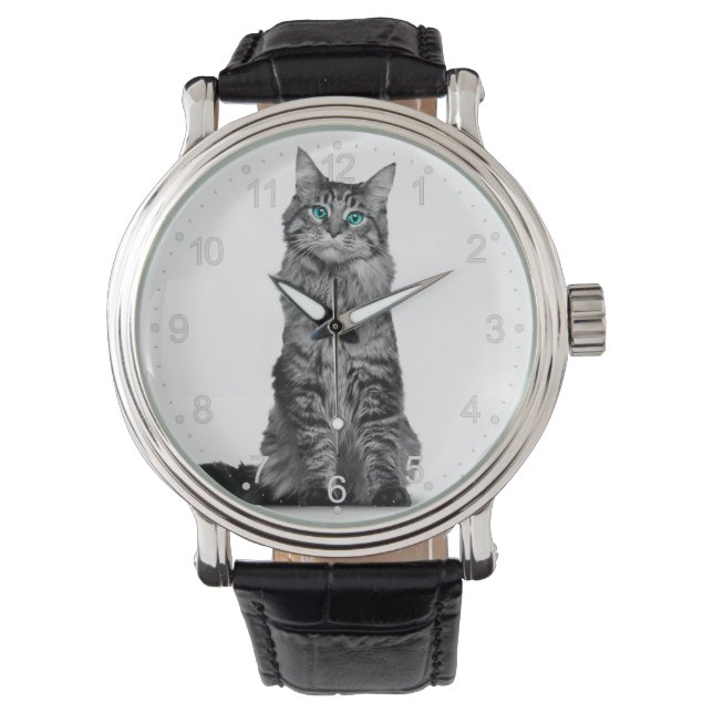 Black and white cat with green eyes watch (Front)