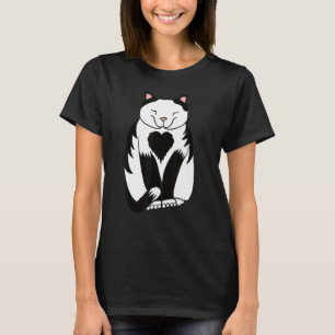 Black and White Cat with Heart on Chest Cute Anima T-Shirt