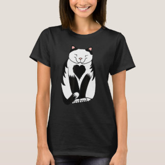Black and White Cat with Heart on Chest Cute Anima T-Shirt