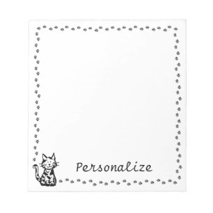 Black and White Cat with Paw Border Notepad