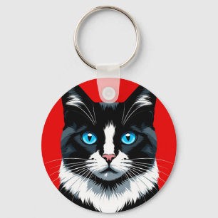 Black and White Cat With Vibrant Blue Eyes Key Ring