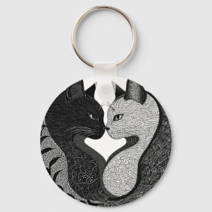 Black and White Cat Yin Yang Symbol Key Ring