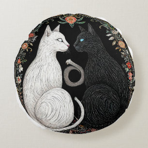 Black and White Cat Yin Yang Symbol Round Cushion