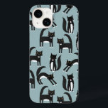 Black and White Cats Case-Mate iPhone 14 Case<br><div class="desc">Cute black and white tuxedo cats going about their business. A fun pattern on a mid blue background,  perfect for animal and pet lovers.  Original art by Nic Squirrell.</div>