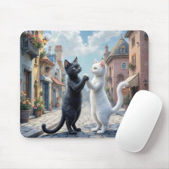 Black and White Cats Dancing On Cobblestone Mouse Mat (With Mouse)