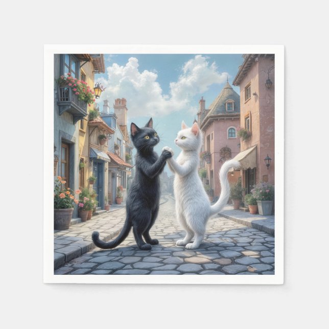 Black and White Cats Dancing On Cobblestone Napkin (Front)