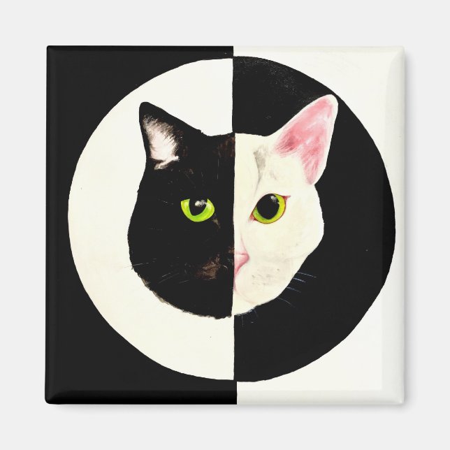 Black and white cats face yin and yang magnet (Front)