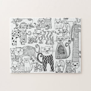Black and White Cats Fun Hand Drawn Modern Art Jigsaw Puzzle