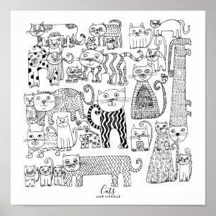 Black and White Cats Illustration Poster
