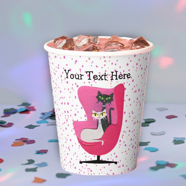 Black and White Cats Mid century pink Chair Dots Paper Cups (Fancy mid century cats in chair in shades of pink on white with pink dotted party paper drink cup.)