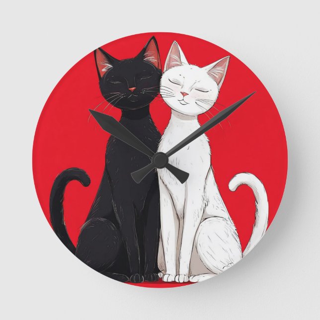 Black and white cats round clock (Front)