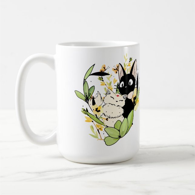 black and white cats with flowers crown heart coffee mug (Left)