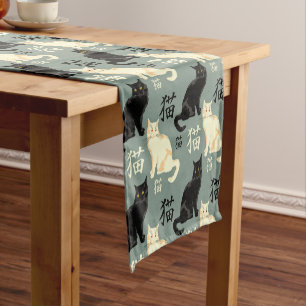 Black and white cats with japanese characters short table runner