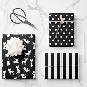 Black and White Cats Wrapping Paper Set of 3