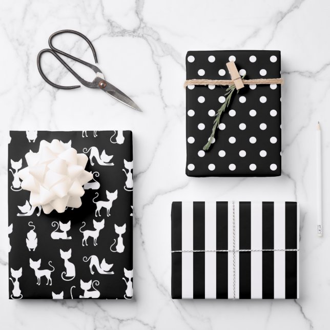 Black and White Cats Wrapping Paper Set of 3 (Front)