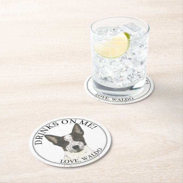 Black and White Cattledog Heeler Wedding Round Paper Coaster (Insitu)