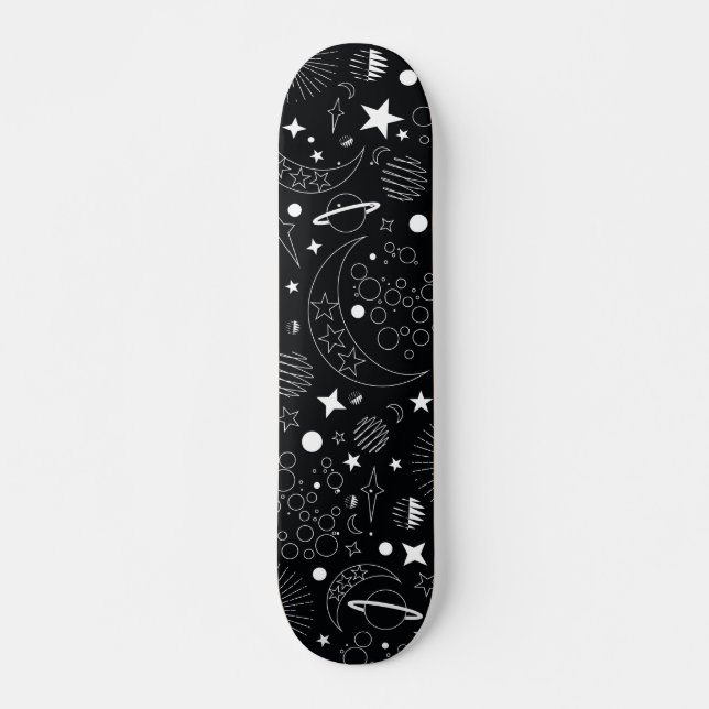 Black and white celestial cosmic galaxy design skateboard (Front)