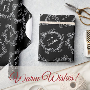 Black and White Chalk Merry Christmas Wreath Wrapping Paper