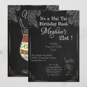 Black and White Chalkboard 21st Birthday Mai Tai Invitation