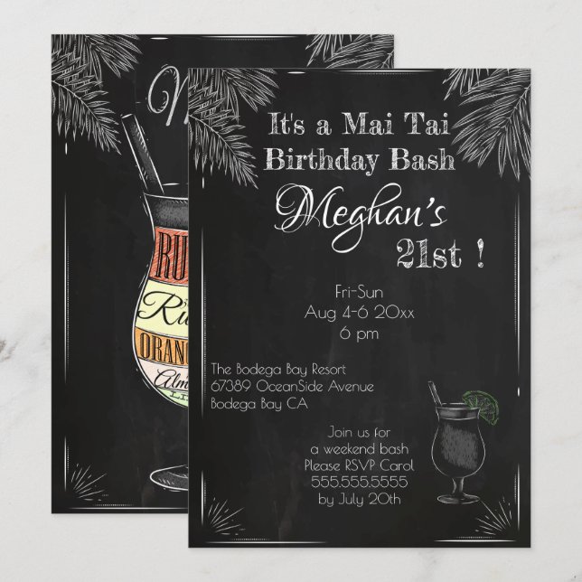 Black and White Chalkboard 21st Birthday Mai Tai Invitation (Front/Back)