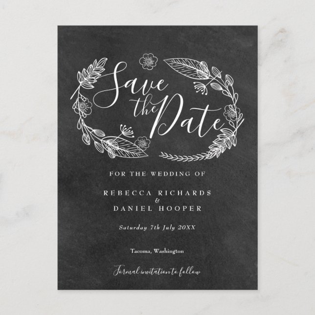 Black and White Chalkboard Floral Save the Date Postcard (Front)