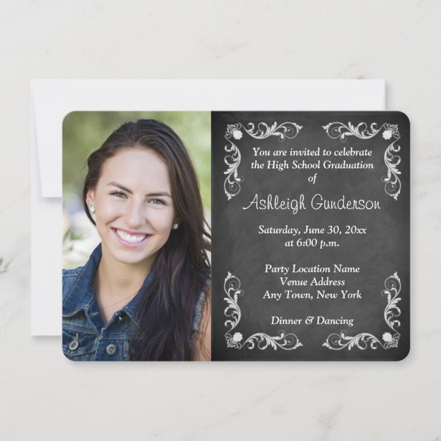 Black and White Chalkboard Photo Graduation Invite (Front)