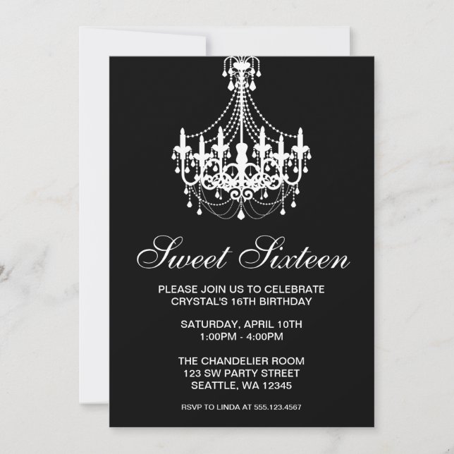 Black and White Chandelier Sweet Sixteen Birthday Invitation (Front)