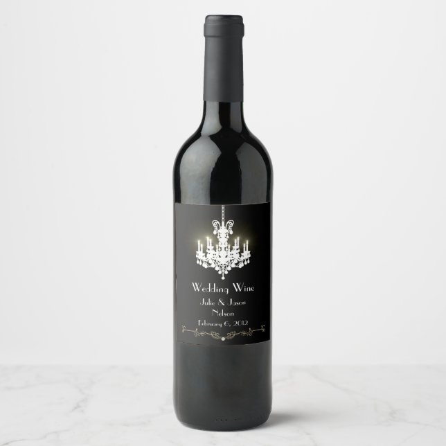 Black and White Chandelier Wedding Wine Label (Front)