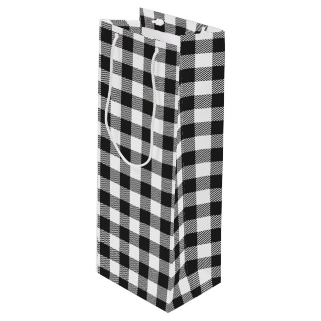 Black and White Check Gingham Plaid Wine Gift Bag (Front Angled)