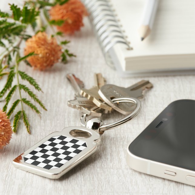 Black and White Check pattern Key Ring (Side)