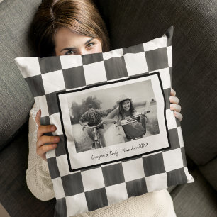 Black and White Check Personalized Photo Cushion
